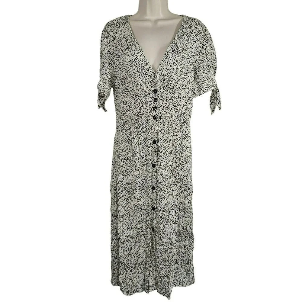 Melloday Button Up Shirt Dress V-neck Women Size L Black Cream Short Sleeve